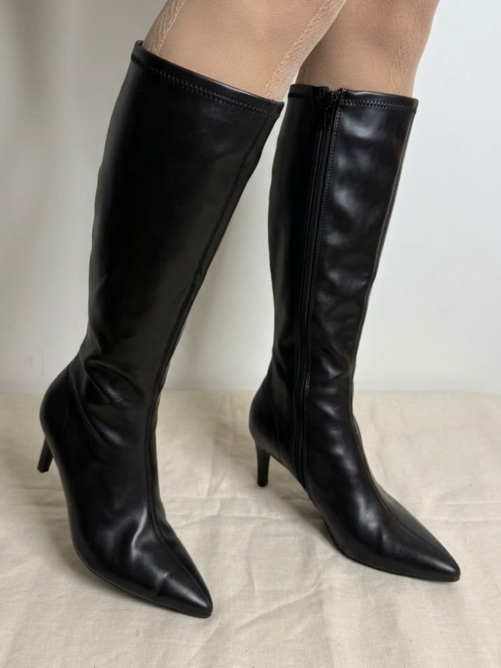 A New Day Women Black Knee High Pointed Toe Kitten Heel Boots Size 10Memory Foam